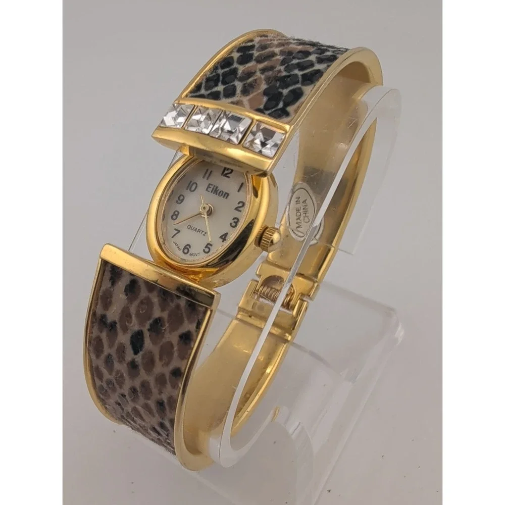 Eikon Women Watch 17mm Hidden Dial Gold Case Snakeskin Cuff 6.5